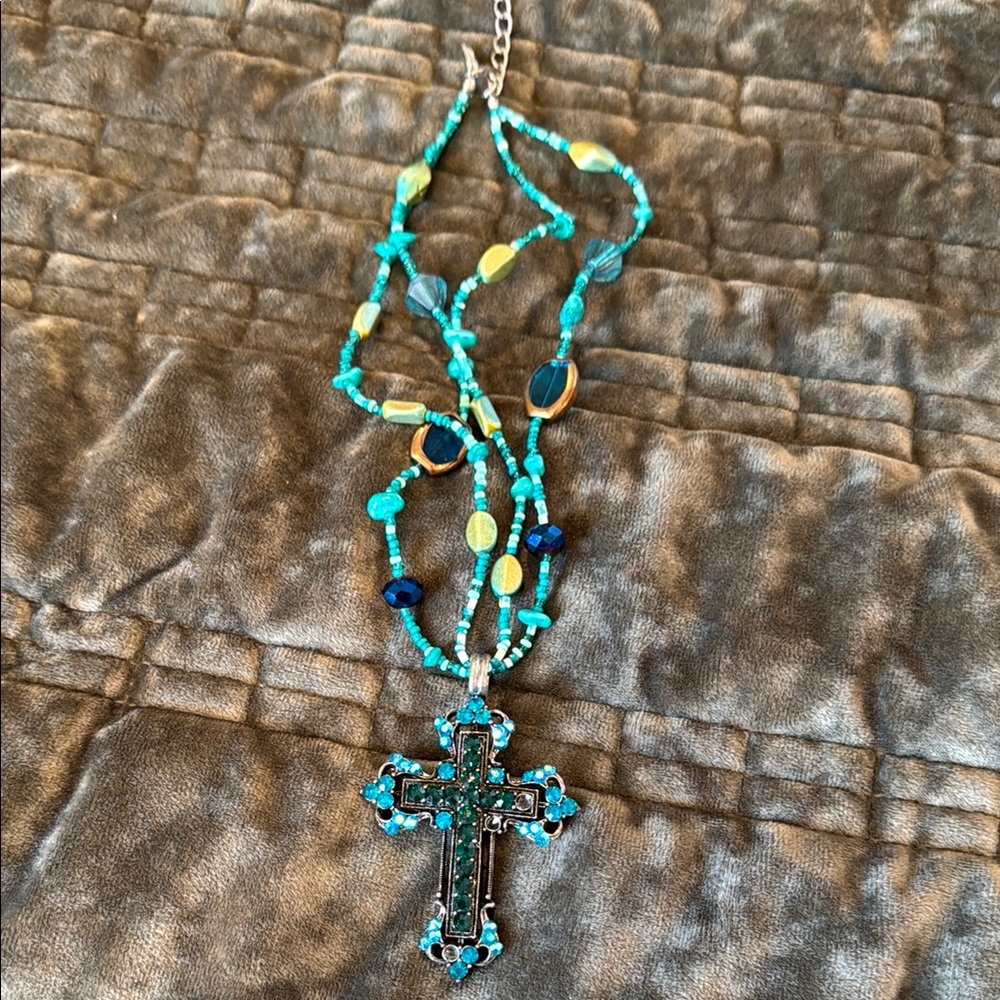 Turquoise and Gold Cross Pendant Necklace
